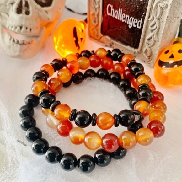 Handmade Jewelry - Halloween 8mm  Bracelet Set Carnelian Onyx